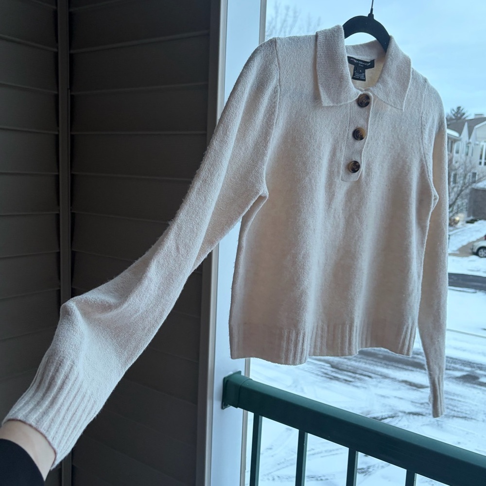 🆕 French Connection Cream Knit Polo Sweater Button Front Soft Stretchy Size S - Picture 13 of 15